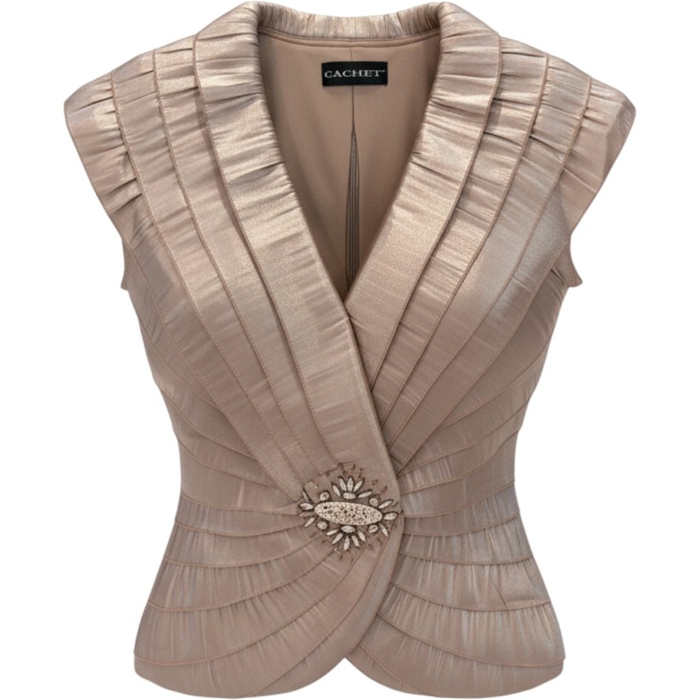Cachet Pleated Metallic Brooch Top 8 Champagne Formal Evening